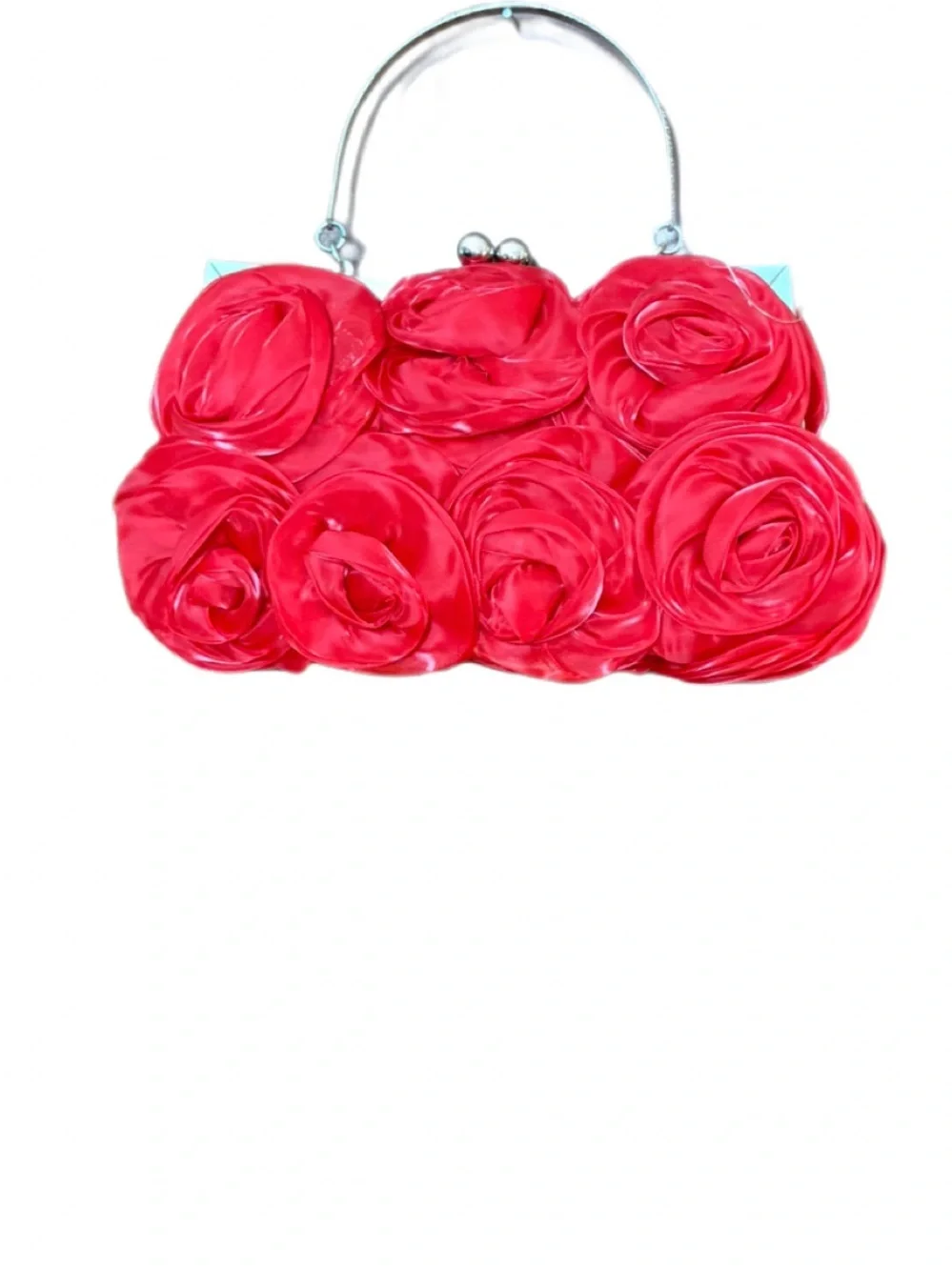 Helen Heart Red Rosette Formal Evening Bag NWT Silver Handle Chain Strap - Picture 6 of 8